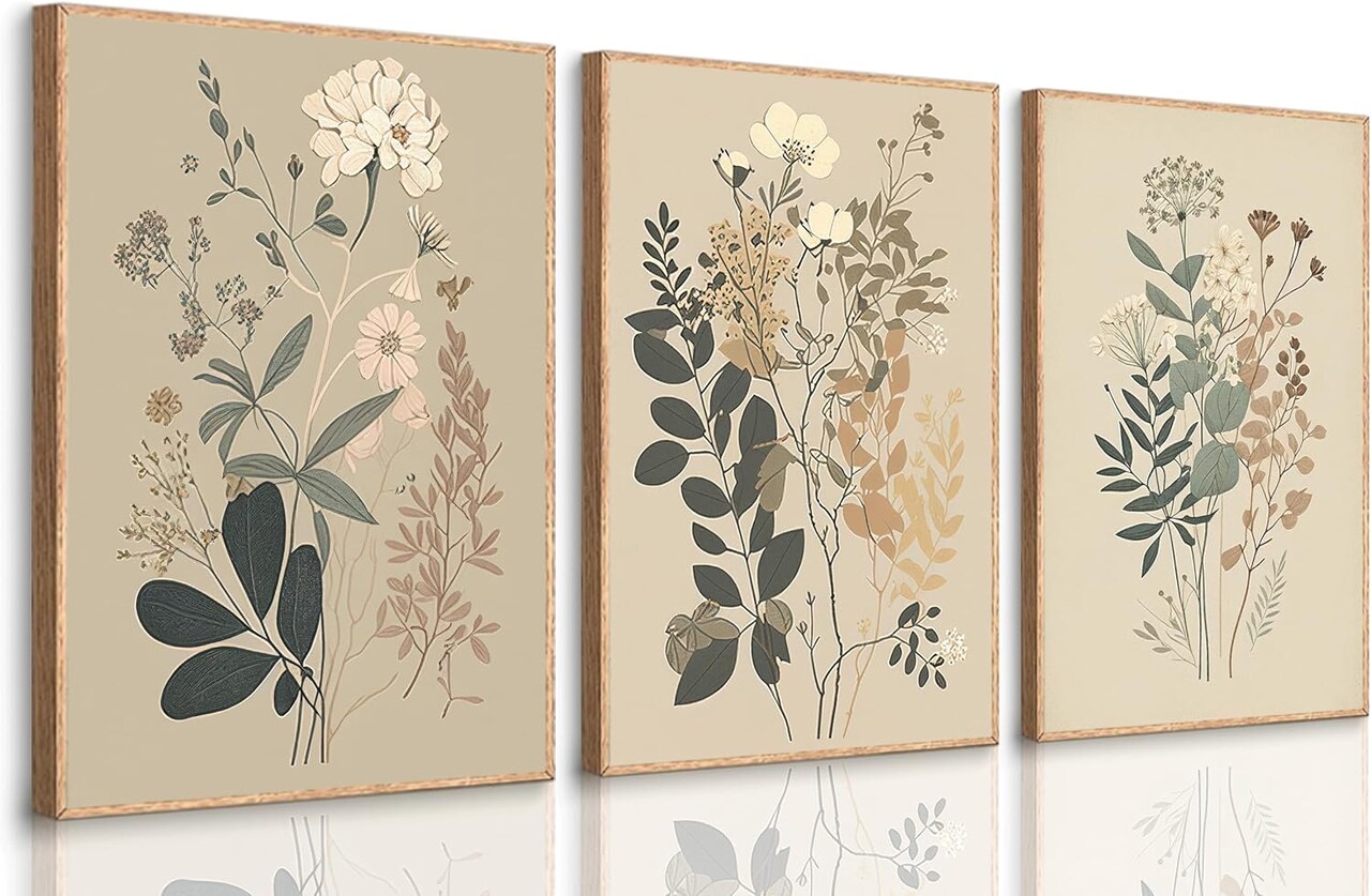Summer 3 Pcs Vintage Botanical Wall Decor, Nature Floral Plants Wall Decor with Daisies, Dandelion, and Wildflower Posters, Watercolor Rustic Farmhouse Canvas Prints, Boho Neutral Paintings for Living Room, Unframed